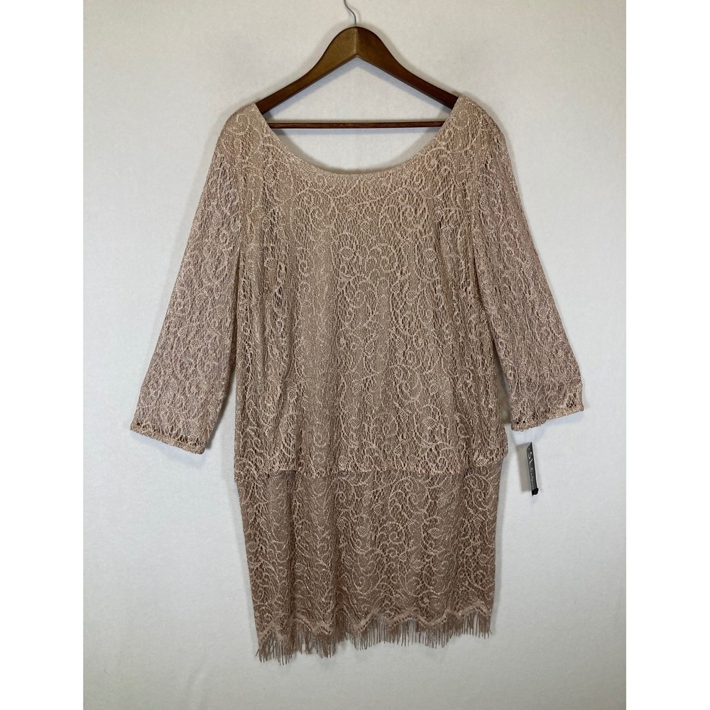Elegant NWT S.L. Fashions 22W Champagne Gold Metallic Lace Tiered Cocktail Dress